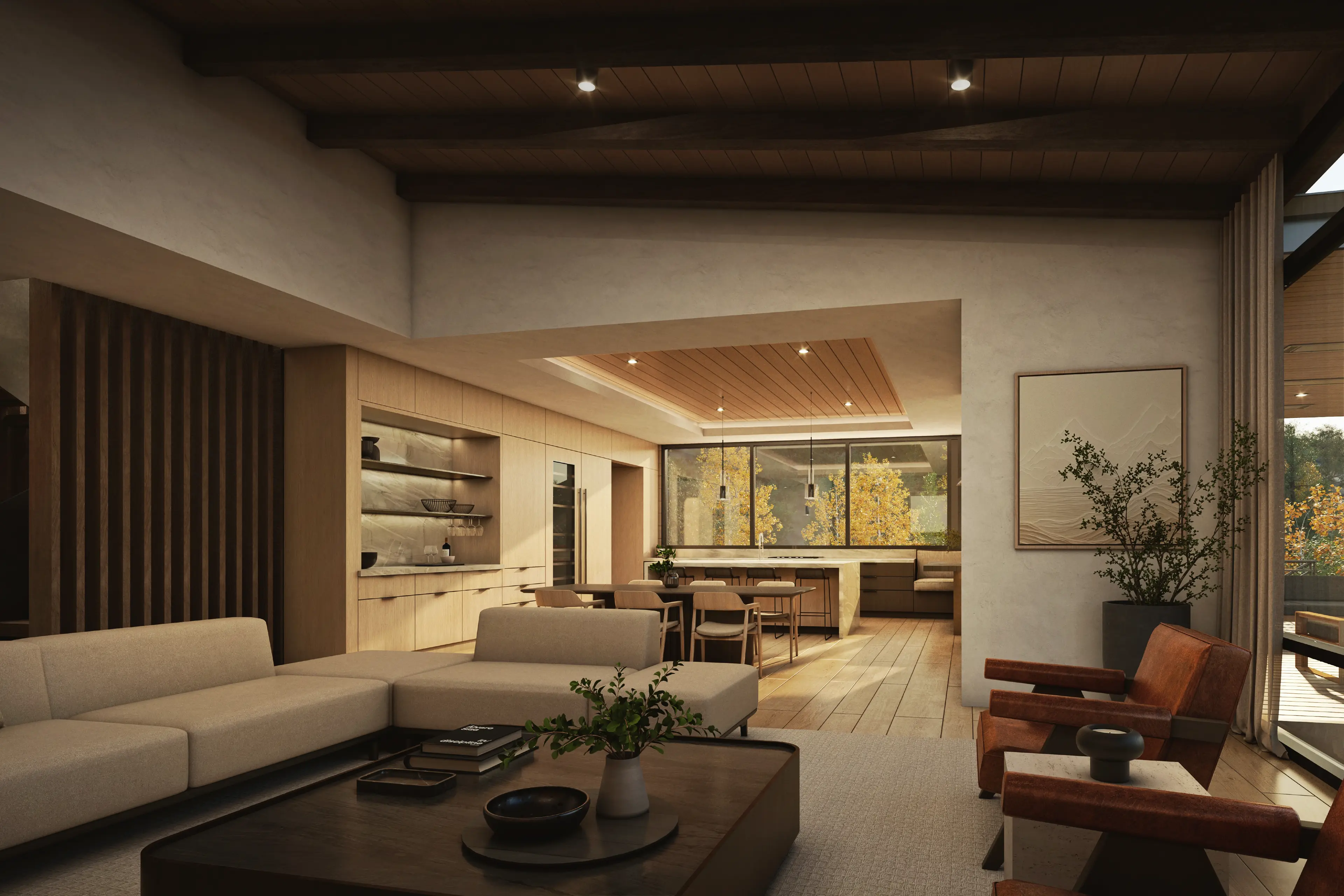 Modern interior living space with warm wood tones and large windows