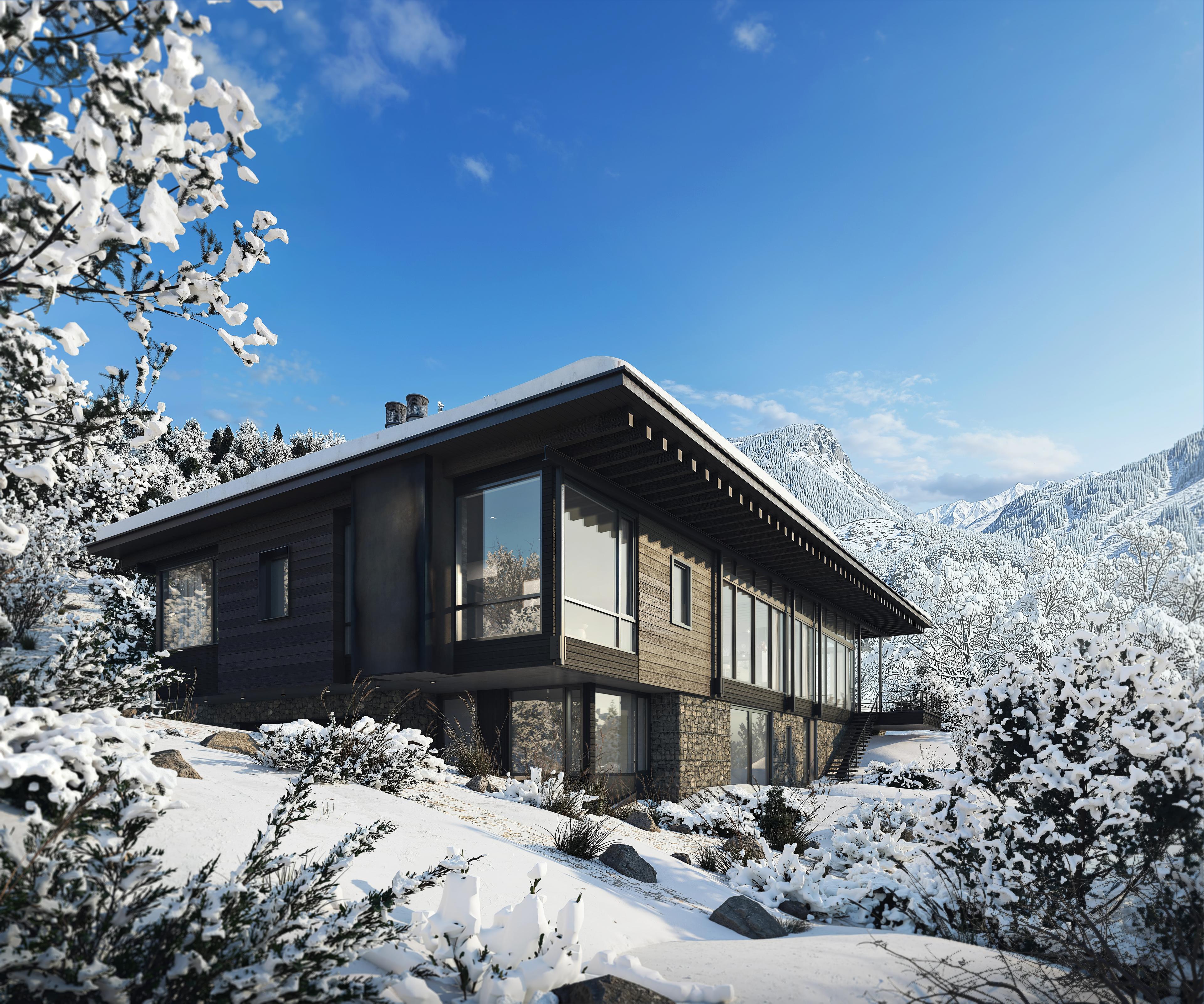 modern home in mountains snowy landscape