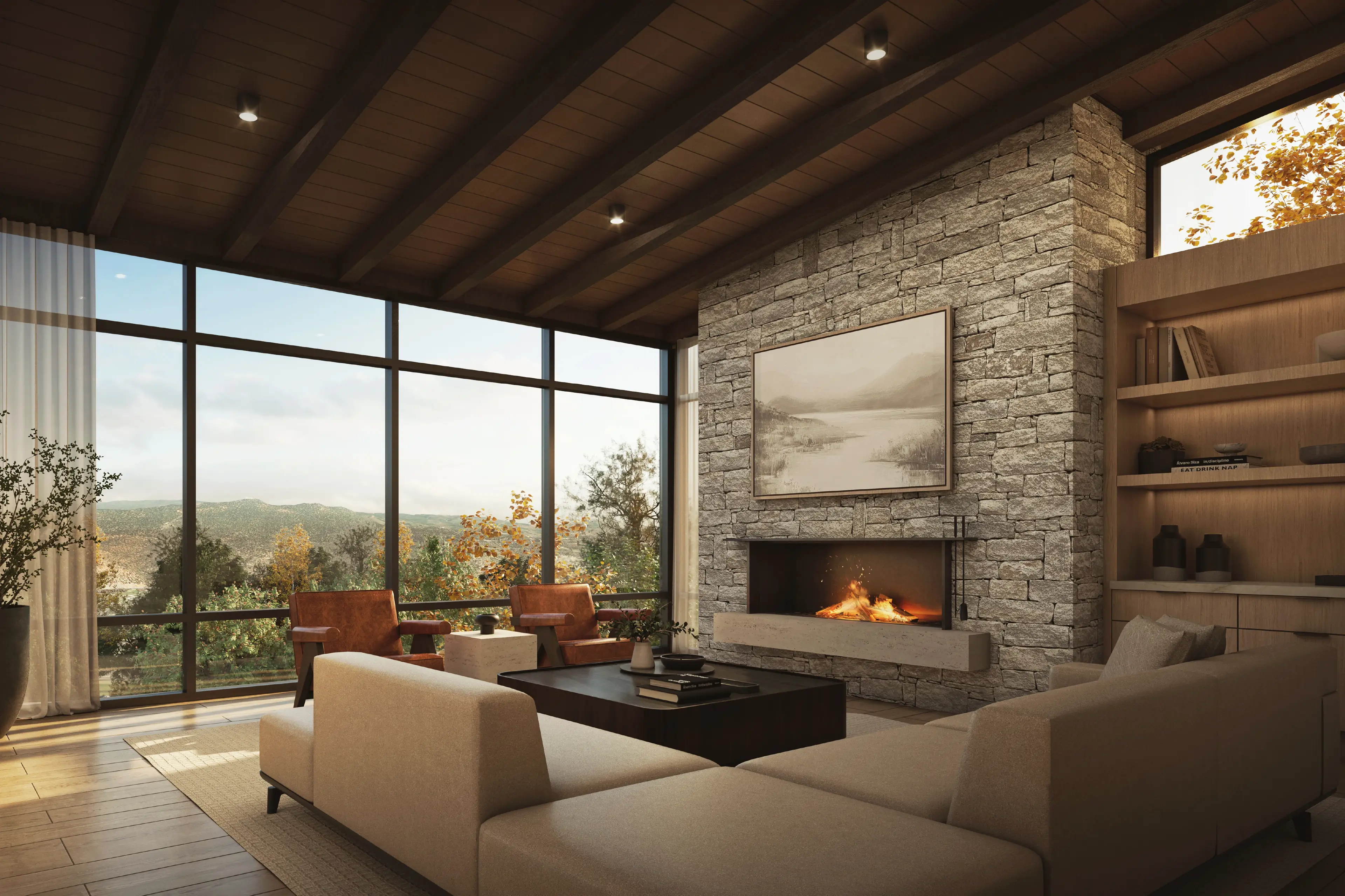Mountain Modern Interior with exposed beams overlooking the golf course