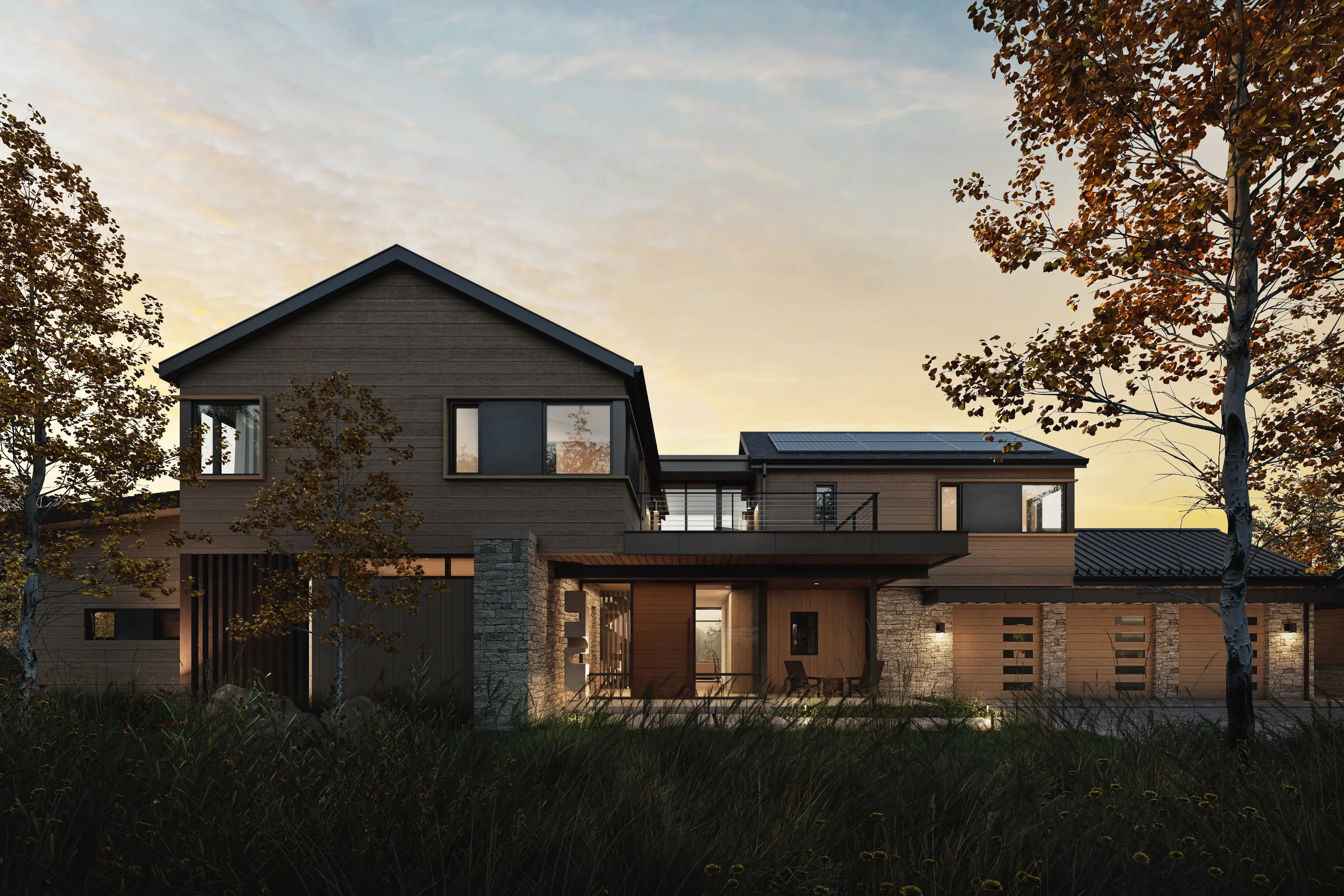 modern house at dusk in mountains