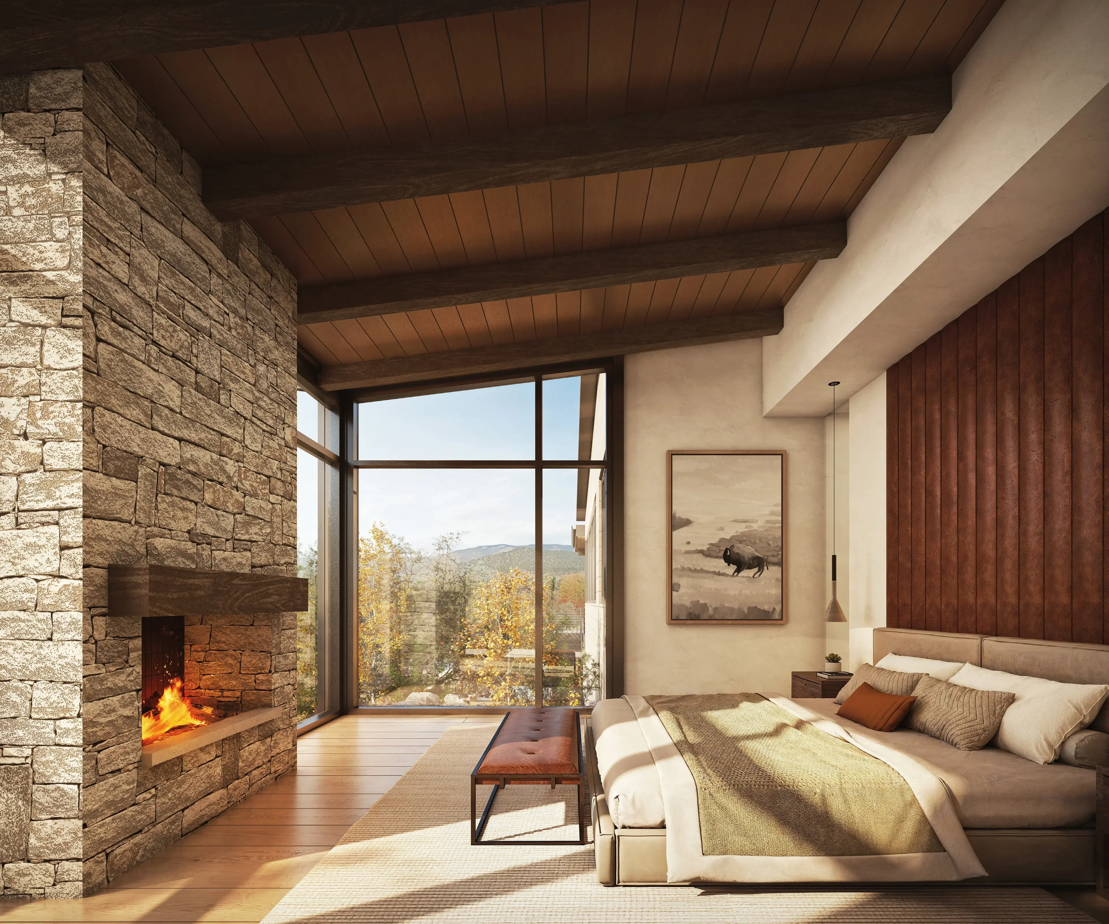 Modern mountain house bedroom and fireplace