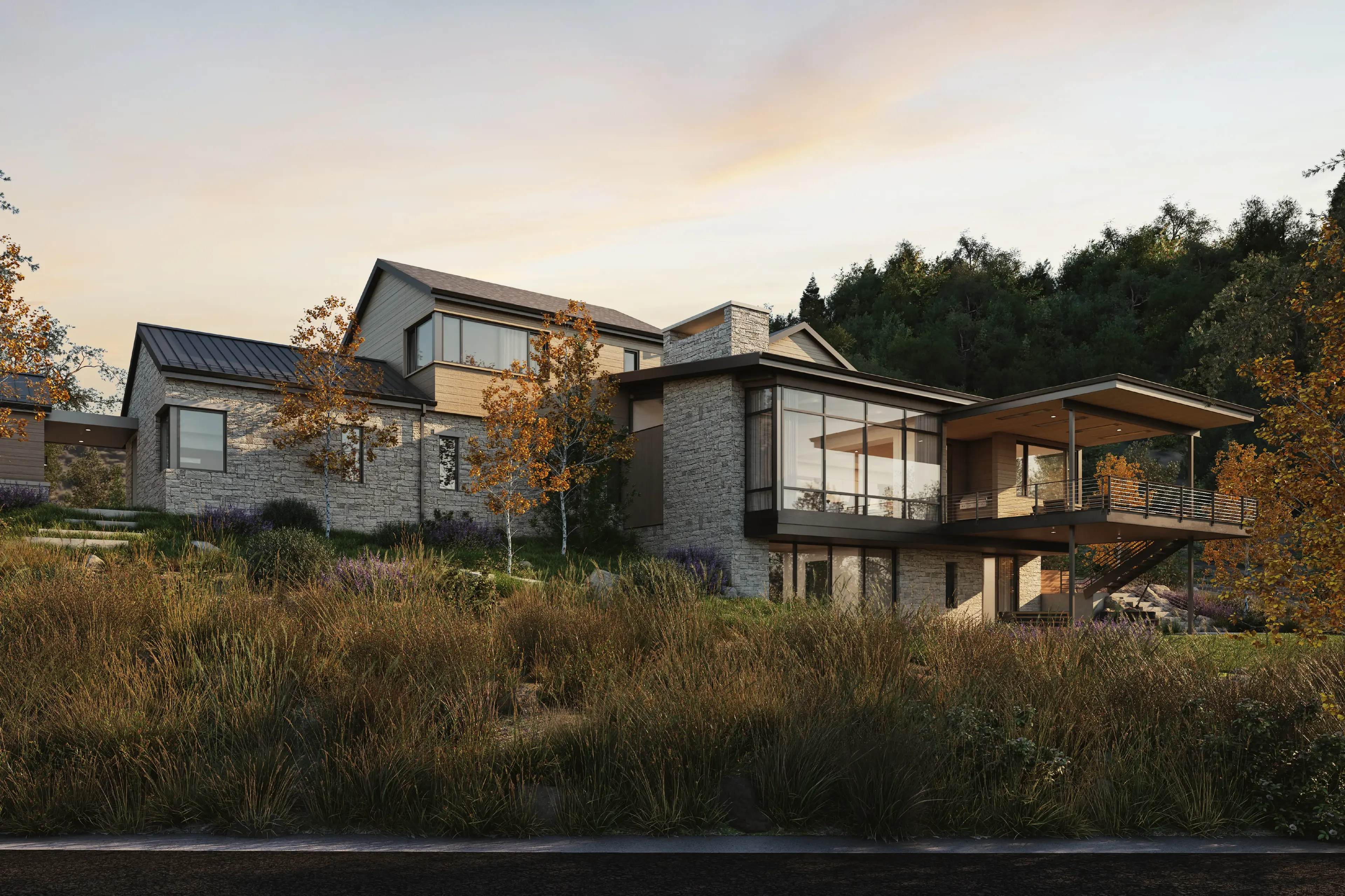 Modern house overlooking brush and landscaping